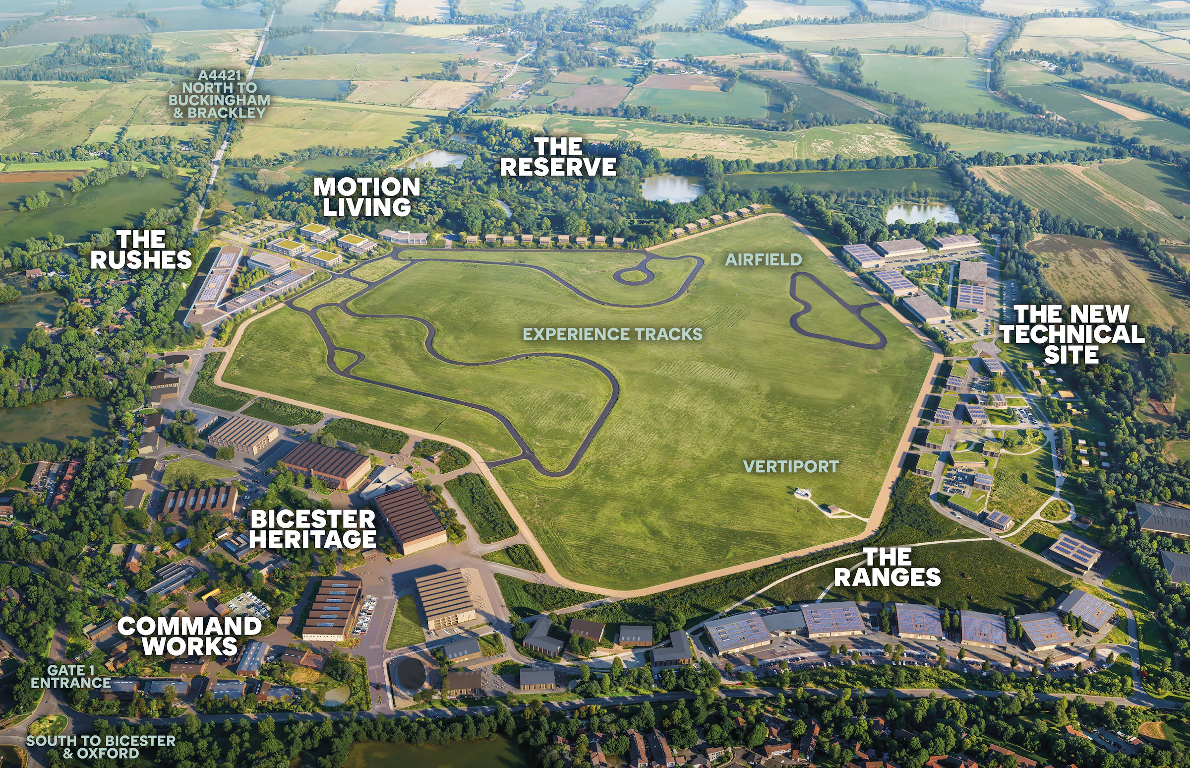 The Bicester Motion masterplan, showing the development areas across the 444-acre estate
