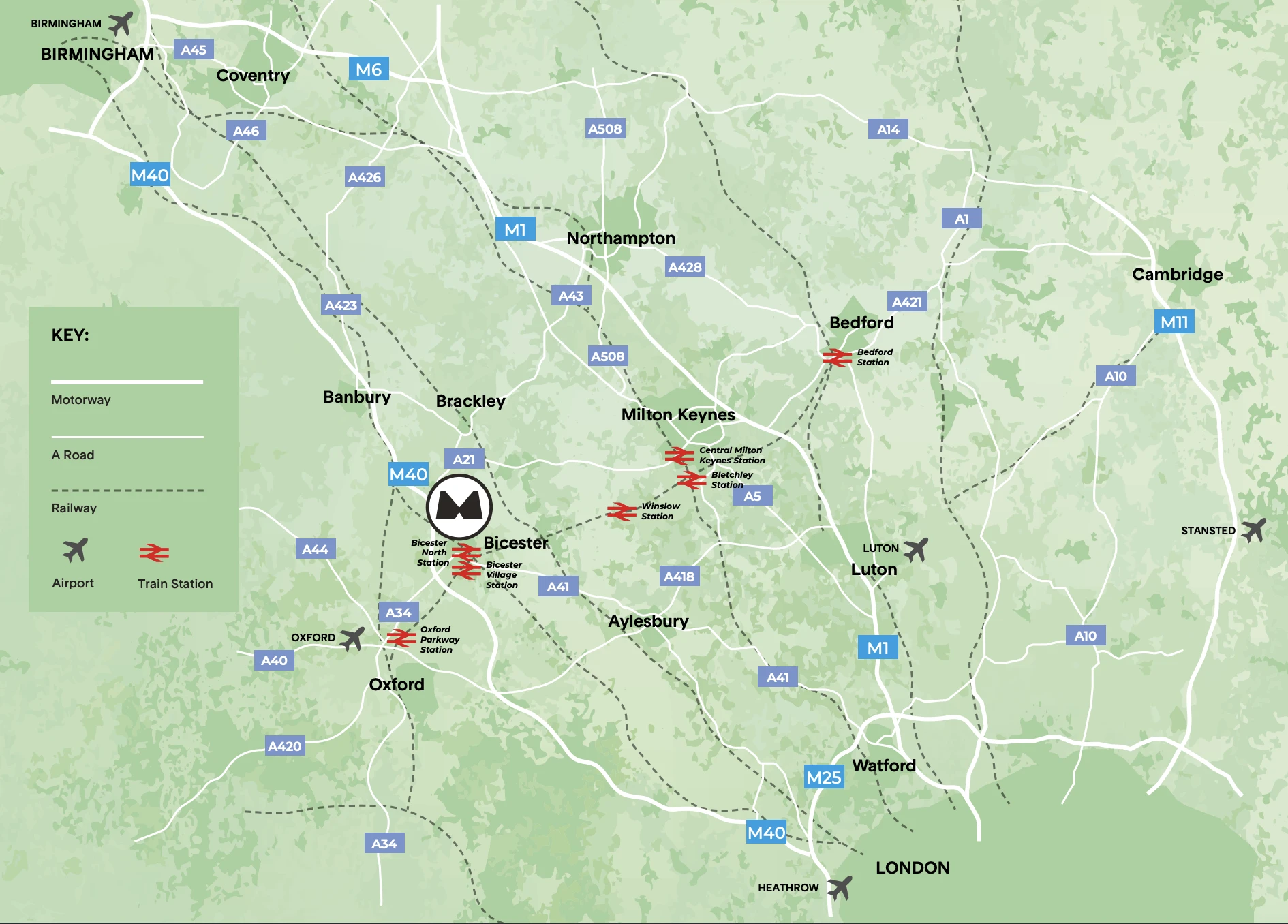 Bicester Motion in relation to the motorway network, rail lines and airports across central and southern England